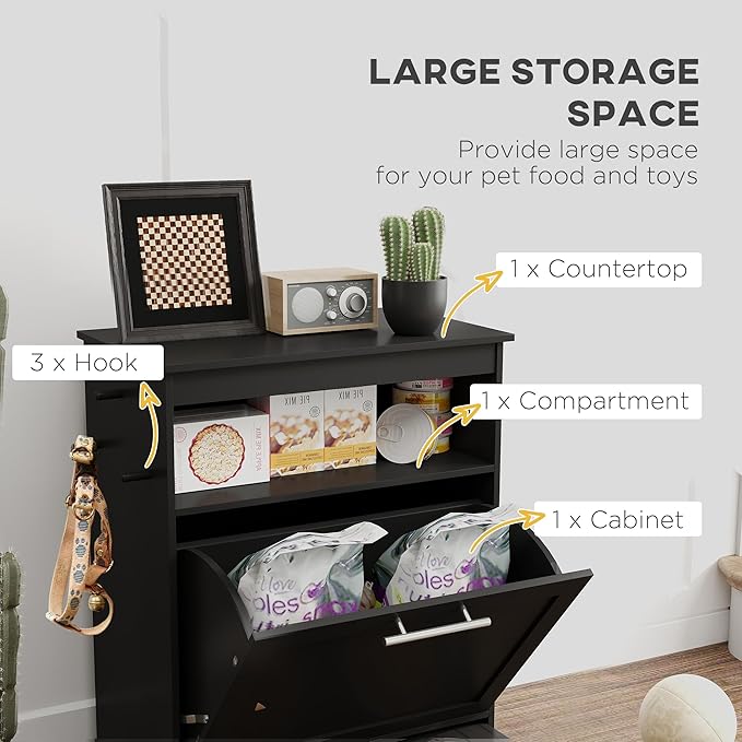 PawHut Dog Feeding Station with Raised Bowls & Storage Cabinet, Pet Feeder Cabinet Container with Hanger for Feeding & Watering Supplies, Dog Food Organizer, Black