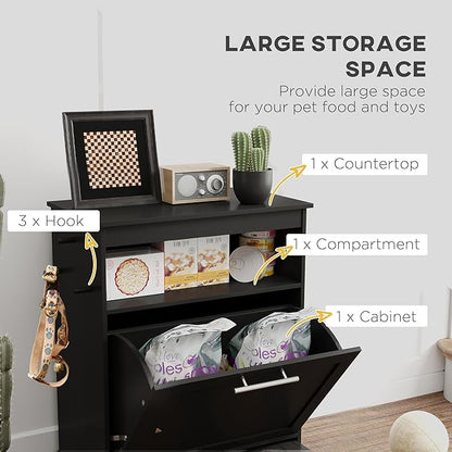 PawHut Dog Feeding Station with Raised Bowls & Storage Cabinet, Pet Feeder Cabinet Container with Hanger for Feeding & Watering Supplies, Dog Food Organizer, Black