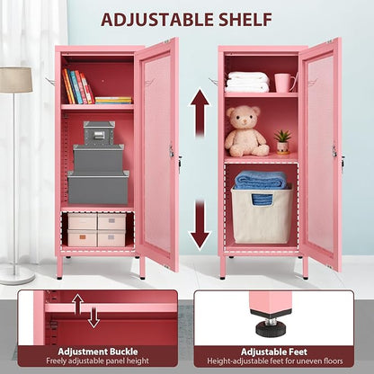 Metal Storage Cabinet, 39.37" H Small Pink Metal Locker Cabinets with Lockable Mesh Door and Handle, 2 Adjustable Shelves, 2 Pegboards & 6 Hooks for Home, Office, Bedroom, Kitchen, Assembly Required