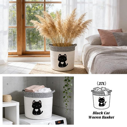 Black Cat Storage Basket - Woven Cotton Rope Basket with Soft Felt Patch, Foldable Organizer for Nursery, Pet Toys & Laundry, Gift & Home Decor (11.8 Inch, Washable)