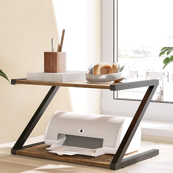 Desktop Printer Stand, 2-Tier Printer Table with Storage Shelf, Under Desk Printer Stand for Office, Open Organizer Shelf, Easy Assembly, Rustic Brown PS02BR