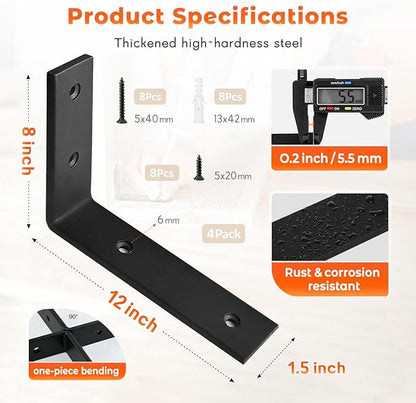 WINKER Shelf Bracket 12 Inch 12 Inchx8 Inchx1.5 Inch Heavy Duty Black Brackets for Shelves Corner L Bracket for Wall Shelves Metal Iron Shelf Brackets