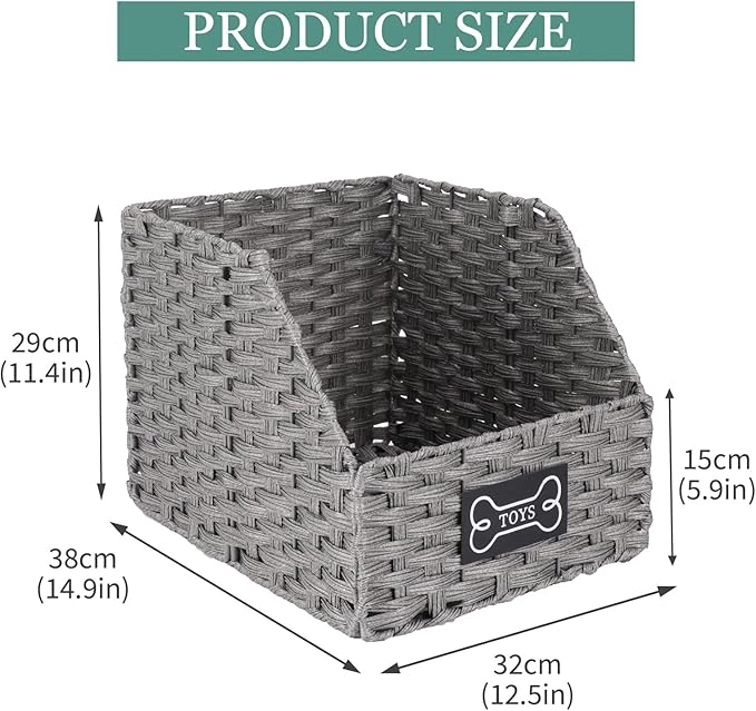 Dog Toy Storage Basket,Rattan Weave Organizer Bin for Dogs Cats,Collapsible Puppy Toys Box with Wire Frame, Easy-Access(Grey)
