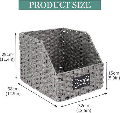 Dog Toy Storage Basket,Rattan Weave Organizer Bin for Dogs Cats,Collapsible Puppy Toys Box with Wire Frame, Easy-Access(Grey)