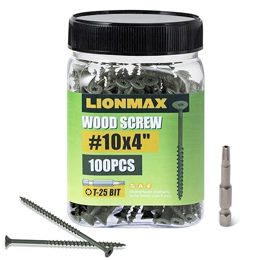 LIONMAX Deck Screws 4 Inch, Wood Screws #10 x 4, 100 PCS, Rust Resistant, Exterior Epoxy Coated, Outdoor Decking Screws, Torx/Star Drive Head Screw, T25 Star Bit Included, Green