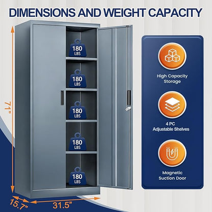 BESFUR Metal Garage Storage Cabinet with Locking Doors and 4 Adjustable Shelves, Gray Tall Storage Cabinets, Tool File Lockable Cabinet for Garage Office Warehouse Shop(71”H)