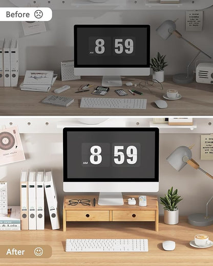 Ufine Bamboo Monitor Stand with 2 Drawers Desktop Organizer Computer Screen Laptop Riser Ergonomic Height for Home Office