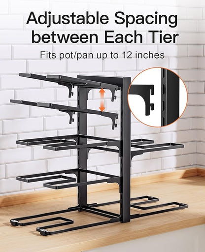 ORDORA Pots and Pans Organizer Rack for Cabinet, 15.83" Height 8-Tier Heavy Duty 120LBS Pot Pan Organizer under Cabinet Adjustable for Dutch Oven, Cast-iron Pan, Heavy Skillets Griddles, Shallow Pot