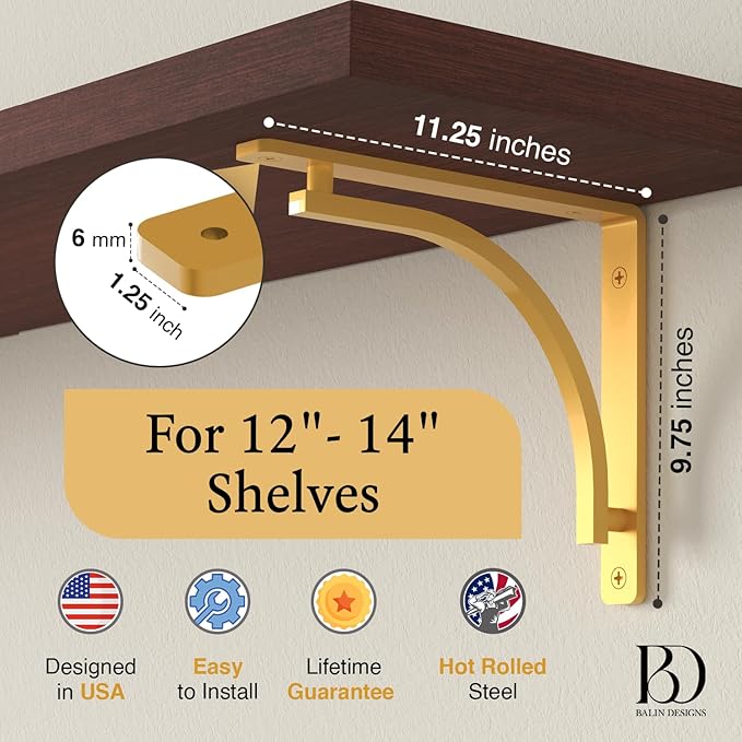 Classic Brass Heavy Duty Shelf Brackets 12 inch by Balin Designs – Gold L Bracket, Wall Mounted Support, Shelving Metal Bracket, Decorative Shelf Brackets, with Hardware Included, Set of 2