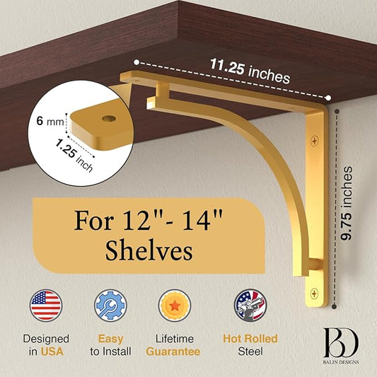 Classic Brass Heavy Duty Shelf Brackets 12 inch by Balin Designs – Gold L Bracket, Wall Mounted Support, Shelving Metal Bracket, Decorative Shelf Brackets, with Hardware Included, Set of 2