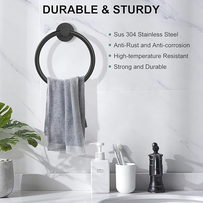 SetSail Towel Holder for Bathroom Wall Matte Black Towel Ring Stainless Steel Hand Towel Holder 4 Packs Towel Hanger for Bath, Kitchen