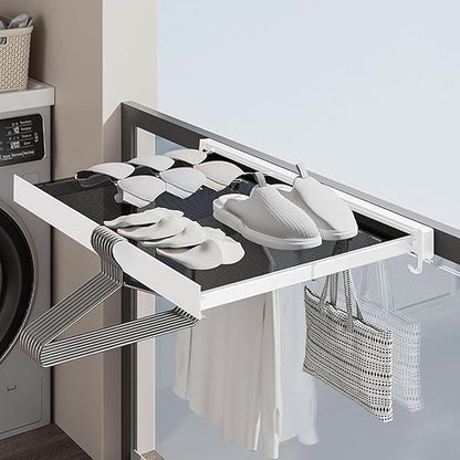 LETINE Wall Mounted Drying Rack: Retractable Indoor Clothes Drying Rack – Aluminum Alloy Frame w/Soft Mesh Surface. Laundry Rack & Temp Shelf for Balcony, Bathroom, Kitchen. with 6 Hooks (White, M)