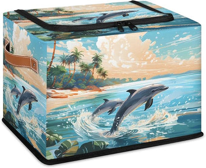 Ocean Beach Dolphin Storage Bins with Zipper Lid, Collapsible Fabric Storage Basket with Leather Handles Closet Shelf Cloth Organizer Basket for Nursery Bedroom Clothes Toy