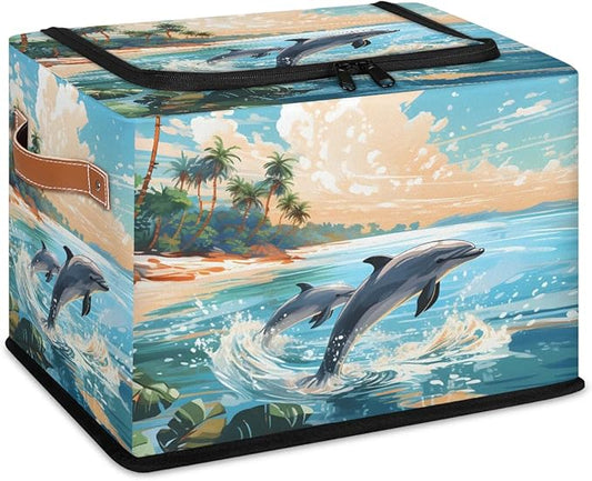 Ocean Beach Dolphin Storage Bins with Zipper Lid, Collapsible Fabric Storage Basket with Leather Handles Closet Shelf Cloth Organizer Basket for Nursery Bedroom Clothes Toy