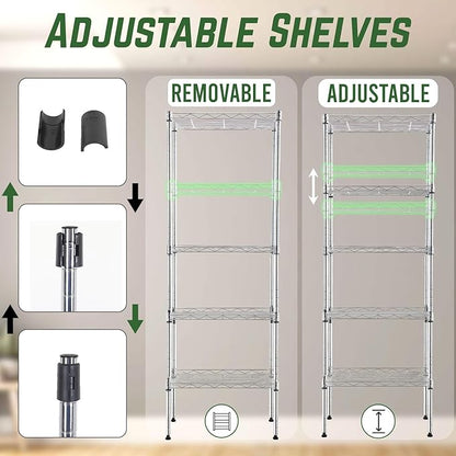 PayLessHere | 5-Tier Wire Shelf | 17"x12"x48" | Chrome | Adjustable Racks | Heavy-Duty Storage Shelves, Holds Upto 750 lbs | Rust-Resistant, No-Tool Assembly | for Home, Garage Shelving
