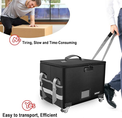 ENGPOW Fireproof Document Box with Wheels, Collapsible File Box with Lock, Rolling File Storage Organizer Filing Cabinet with Pockets, Portable Home Office Safe for Hanging Letter/Legal Folder