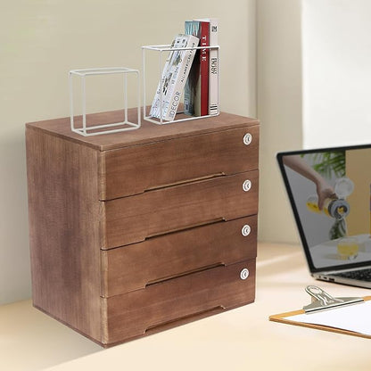 4 Drawers Wood Storage Box, Flat File Cabinet, Storage Cabinet Organizer with Lockable Drawers, Office Supplies File Organizer, Art Storage Cabinets, Multipurpose Tool Box for Home Office (Walnut)