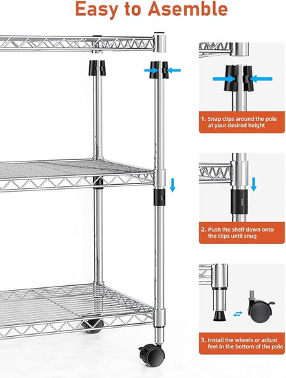 Simple Deluxe Heavy Duty 3-Shelf Shelving Unit, 24.02" D x 13.78"W x 21.97" H, 3 Tier, Chrome