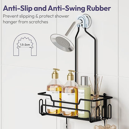 SWTYMIKI Bathroom Shower Caddy Hanging - Extended Length 2 Tier Rustproof Over Shower Head Organizer, No Drilling Bathroom Shelf with 14 Hooks & Soap Holder, Anti-Swing Rack, Black, Medium