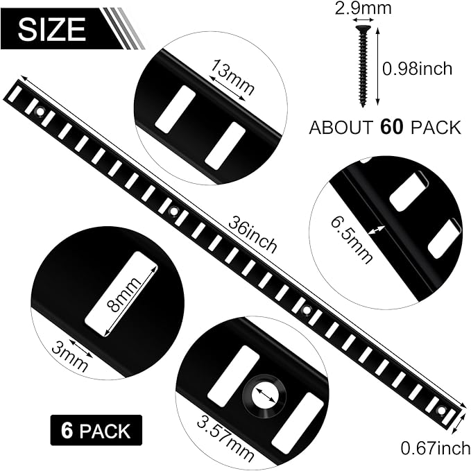 6 Pcs 36 Inch Shelf Pilaster and 36 Pcs Cabinet Shelf Clips Adjustable Shelf Rail Metal Mortise Mount Pilaster Strip Standard for Wall Bookcases Shelving System Closet Organization (Black)