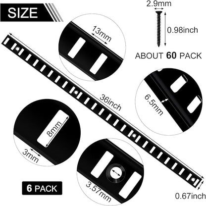 6 Pcs 36 Inch Shelf Pilaster and 36 Pcs Cabinet Shelf Clips Adjustable Shelf Rail Metal Mortise Mount Pilaster Strip Standard for Wall Bookcases Shelving System Closet Organization (Black)