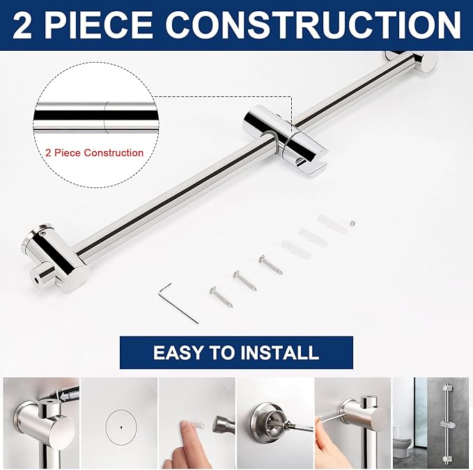 NearMoon Shower Slide Bar with Height/Angle Adjustable Handheld Shower Holder, Bathroom SUS 304 Stainless Steel Shower Head Holder for Bath (Screw Mounted, Chrome Finish)