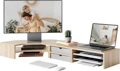 Fenge Dual Monitor Stand, Corner Monitor shelf with Drawer and Slide-Out Tray, 2 Tier Triangle Monitor Riser with Storage, Desk Shelf Organizer for Desk, Home Office, Computer, Laptop, Printer