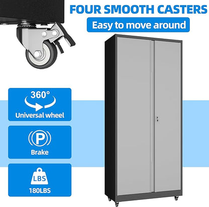 Garage Storage Cabinet with 4 Wheels,Lockable Tool Cabinets with Pegboard and 4 Adjustable Shelves,71" H Broom Closet Cabinets for Utility Room,Workshop