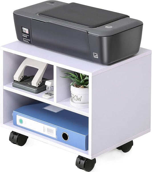 FITUEYES Under Desk Printer Stand with 3 Storage Organizer Compartments, White Mobile Small Printer Table Work Cart on Removable Casters for Home Office, 15.7 in. W x 11.8 in. D x 13.8 in. H