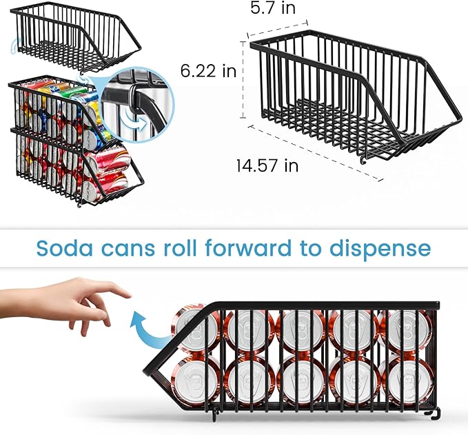 Stackable Soda Can Organizer Rack, Stacking Can Dispensers Refrigerator Organizer Bins Pop Soda Dispenser Canned For Fridge, Freezer, Kitchen, Cabinets (Black, 6)
