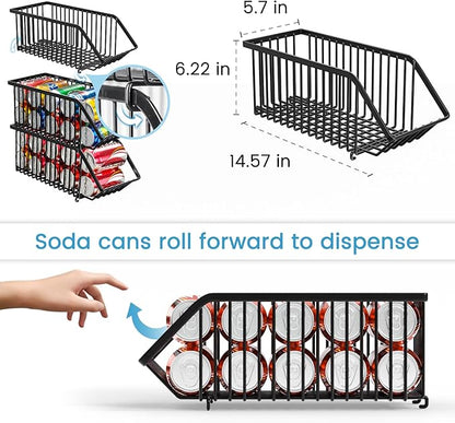 Stackable Soda Can Organizer Rack, Stacking Can Dispensers Refrigerator Organizer Bins Pop Soda Dispenser Canned For Fridge, Freezer, Kitchen, Cabinets (Black, 6)