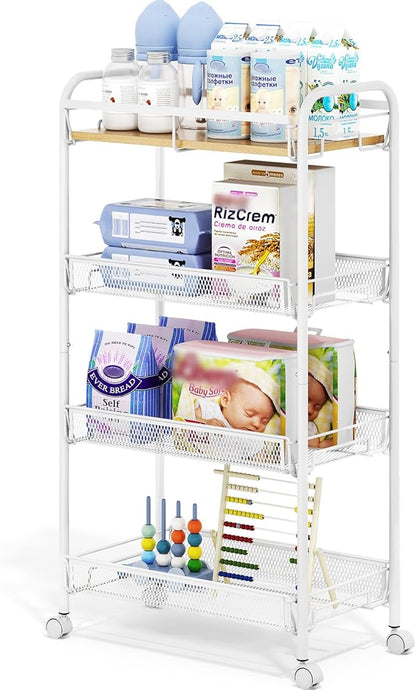 TOOLF 4-Tier Rolling Cart, Metal Utility Cart, Slide Out Storage Cart with Wooden Tabletop and Mesh Baskets, Easy Assemble Trolley for Kitchen Bathroom Laundry Room Bedroom Apartments Dormitory