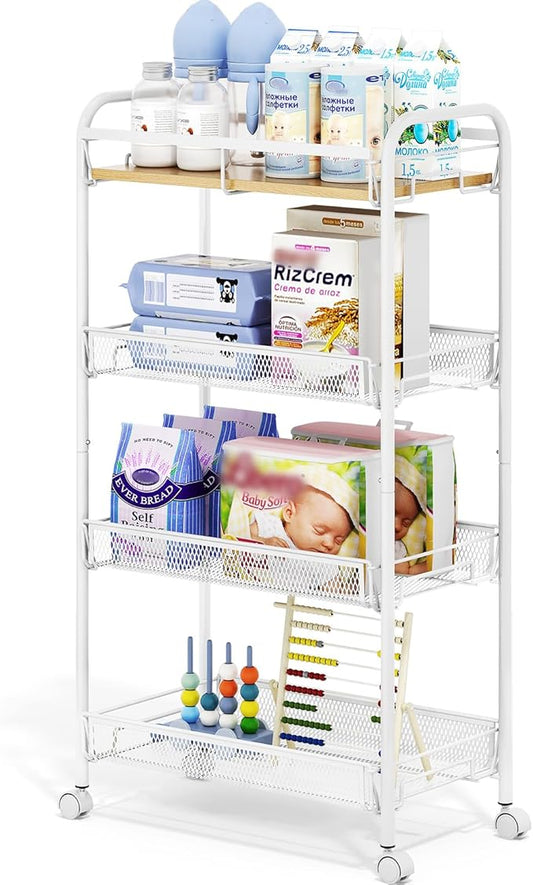 TOOLF 4-Tier Rolling Cart, Metal Utility Cart, Slide Out Storage Cart with Wooden Tabletop and Mesh Baskets, Easy Assemble Trolley for Kitchen Bathroom Laundry Room Bedroom Apartments Dormitory