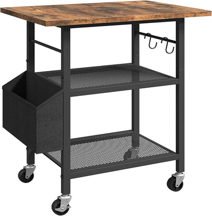 3-Tier Printer Stand, Rolling Printer Table on Wheels, Industrial Storage Stand with Side Pocket, Wooden Tabletop, 2 S-Shaped Hooks, for Home Office, Rustic Brown and Black PTHR2501