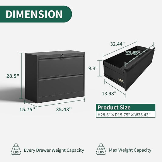 2 Drawer Lateral File Cabinet, Metal File Cabinets for Home Office Legal/Letter A4 Size, File Cabinet with 2 Drawer Storage Cabinet, Require Assembly, Black