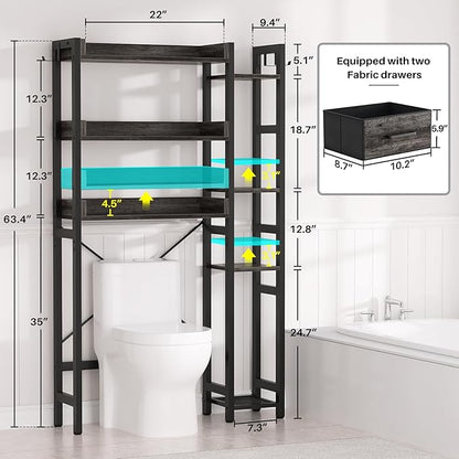 Over The Toilet Storage with 2 Drawers - 7 Tier Bathroom Organizer with Adjustable Shelf, Freestanding Space Saver Storage Rack Above Toilet Stand with 4 Hooks for Restroom, Laundry, Grey Oak