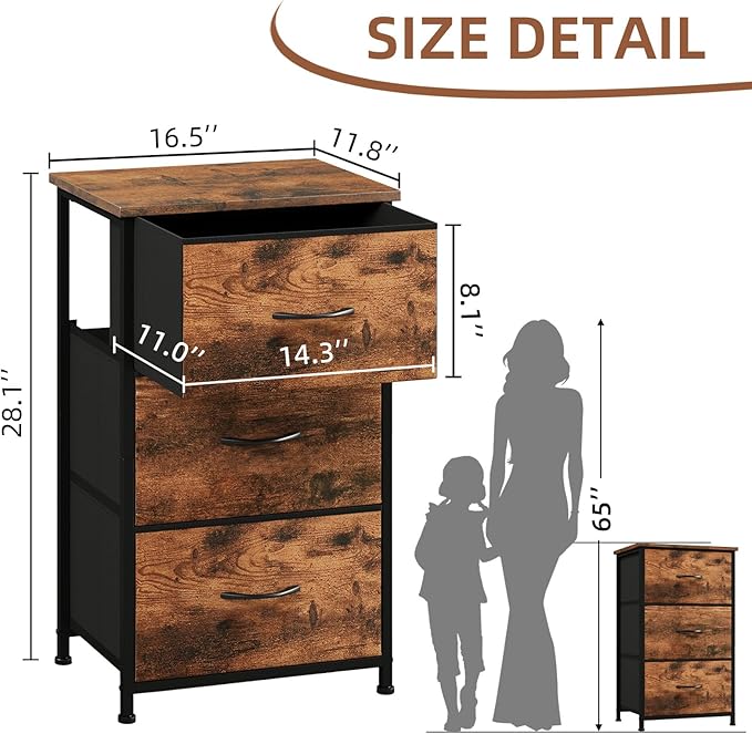 Somdot Dresser for Bedroom with 3 Drawers, Storage Organizer Chest of Drawers with Removable Fabric Bins for Closet Bedside Living Room Laundry Entryway Hallway, Wood Grain Print
