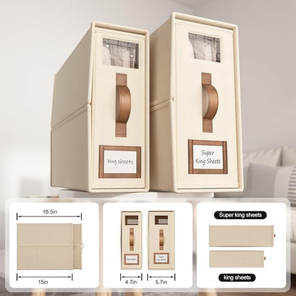 8 Pack Foldable Bed Sheets Set Organizers and Storage(Cal King Size),Linen Fabric Closet Organizers with Window,Folding Bedding Storage Box for Bedsheets and Pillow Cube Organizer-Beige