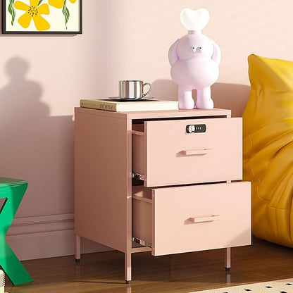 2 Drawer End Side Table with Lock Metal Nightstand, Lockable Storage Cabinet Kids Cabinet for Living Room, Bedroom, Dorm, 21.26”H X 15.75”W X 15.75”D (2 Drawer, Pink)
