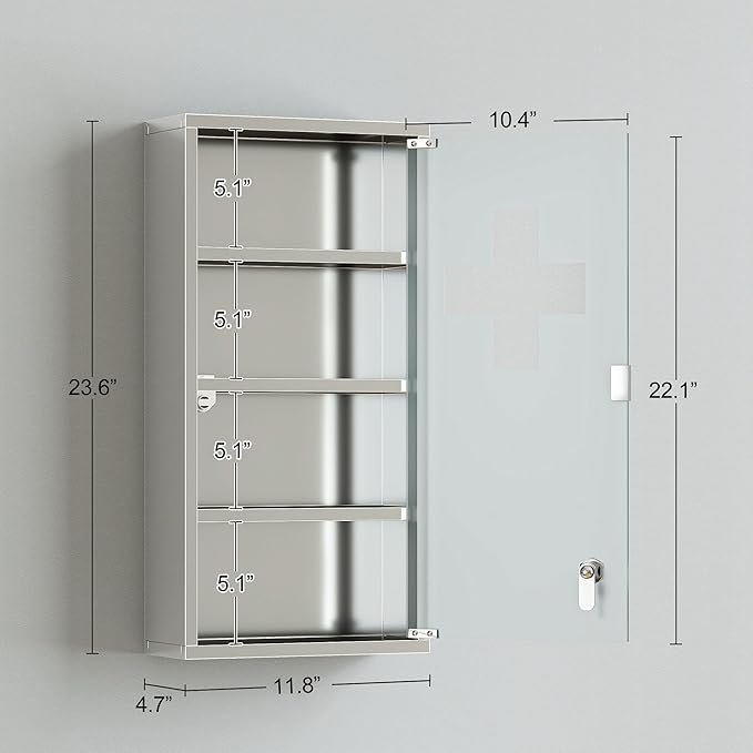 HOMCOM Wall Mounted Medicine Cabinet, Locking Wall Cabinet with 4 Tier Shelves, Stainless Steel Frame and Glass Door, Lockable with 2 Keys, Silver, 12" x 24"