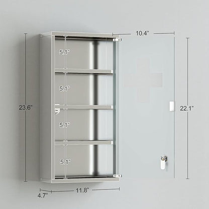 HOMCOM Wall Mounted Medicine Cabinet, Locking Wall Cabinet with 4 Tier Shelves, Stainless Steel Frame and Glass Door, Lockable with 2 Keys, Silver, 12" x 24"