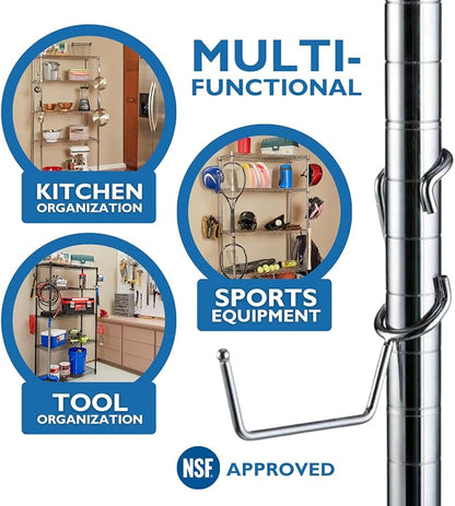 Shelf Pole Hooks 5-Pack | Chrome Heavy-Duty Utility J Hooks for 1-Inch Poles ONLY | Snap-On Hooks for Wire, Metal & Metro Shelving | Garage, Kitchen & Home Organization