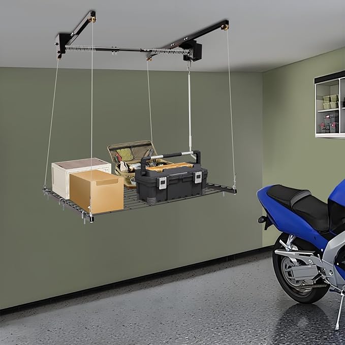 Garage Lifting Storage Rack, 300lbs Adjustable Overhead Garage Storage Rack Heavy-duty 4x4 FT Garages Ceiling Storage Lift Max. Adjustable Height 79in (Satin Black 300Lbs)