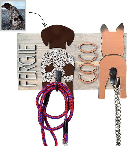 Personalized Dog Leash Holder for Wall Custom Name, Wooden Dog Butt Leash Hook, Decorative Key Rack Hooks Hanger for Entryway, Hallway, Farmhouse Dog Items Storage Organizer (2 Dog)