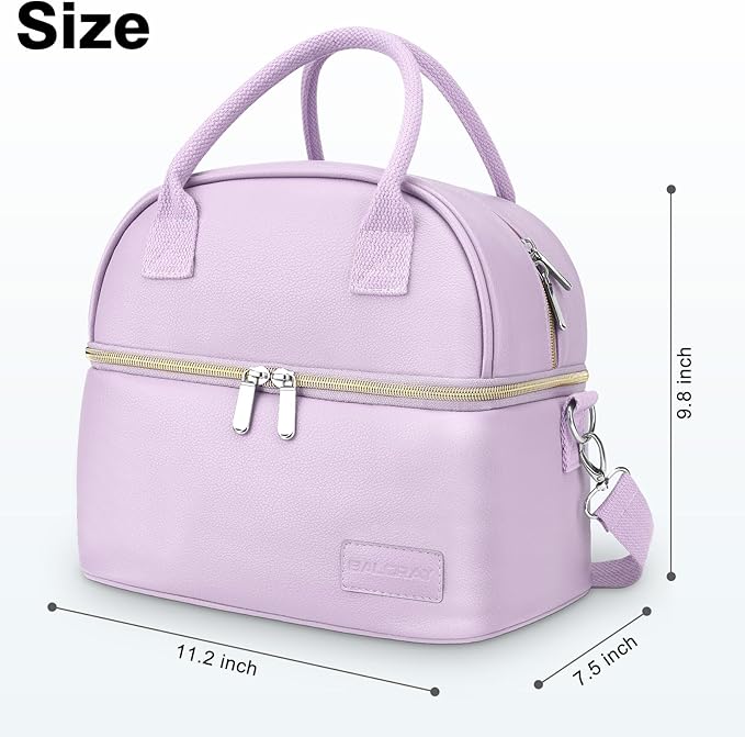 BALORAY Lunch Bag for Women Men, Double Deck Lunch Box for Adults, PU Leather Lunch Tote Bag Insulated Lunch Bags with Strap for Work Office Picnic(Purple with strap)