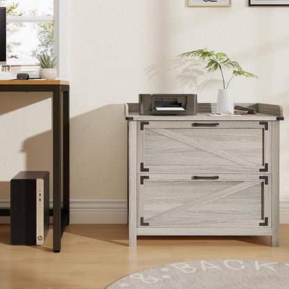 2 Drawer File Cabinet with Lock, Modern Farmhouse Filing Cabinet for Letter Files, Large Wood File Cabinets for Home Office (Grey)