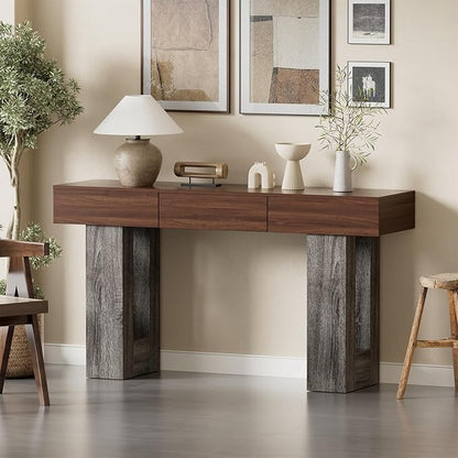 PAKASEPT 63-Inch Long Console Table with Colorful LED Lights and 3 Drawers, Farmhouse Sofa Table with Storage, Wooden Entryway Table for Hallway, Living Room, Foyer, Vintage Brown