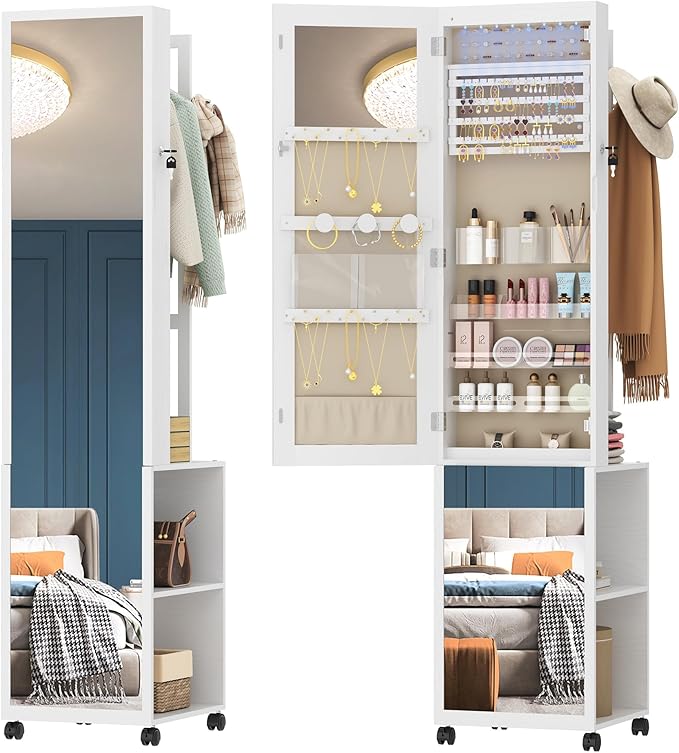 8 LEDs Jewelry Cabinet Armoire, 66.9-inch Jewelry Organizer with Garment Rack, Lockable Full-length Mirror with 4 Wheels, Storage Shelves with Hooks, 5-in-1, White and Beige JC17003BE