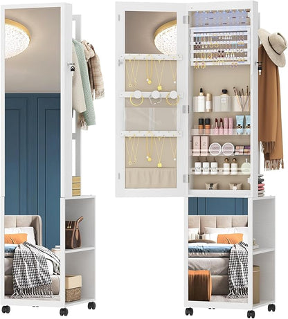 8 LEDs Jewelry Cabinet Armoire, 66.9-inch Jewelry Organizer with Garment Rack, Lockable Full-length Mirror with 4 Wheels, Storage Shelves with Hooks, 5-in-1, White and Beige JC17003BE