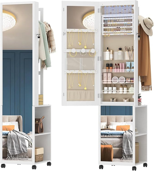 8 LEDs Jewelry Cabinet Armoire, 66.9-inch Jewelry Organizer with Garment Rack, Lockable Full-length Mirror with 4 Wheels, Storage Shelves with Hooks, 5-in-1, White and Beige JC17003BE